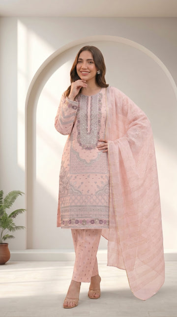 Peach Pink Embroidered 3 Piece Suit for Women