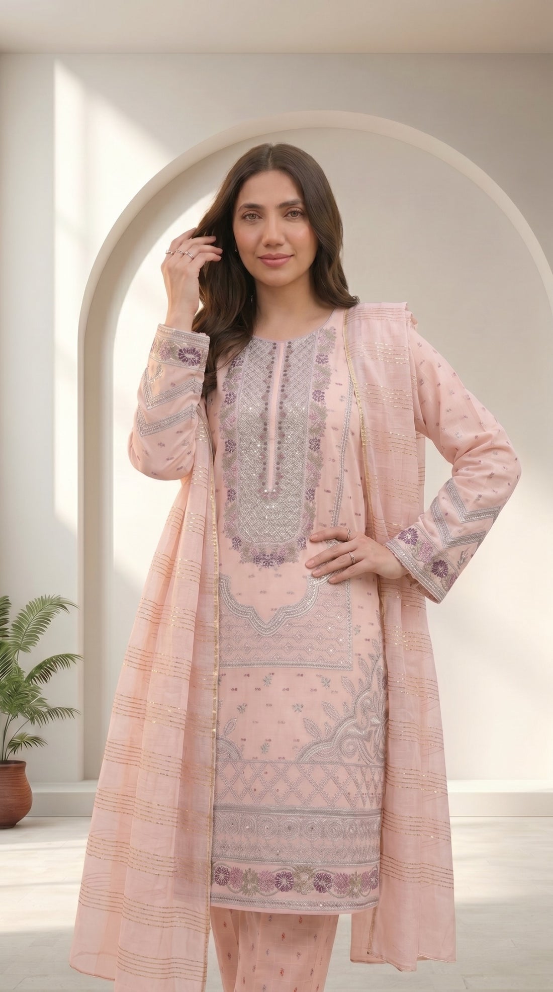 Peach Pink Embroidered 3 Piece Suit for Women