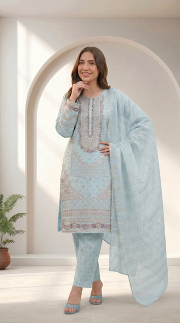 Sky Blue Embroidered 3 Piece Suit for Women – Summer Catton Dress with Dupatta