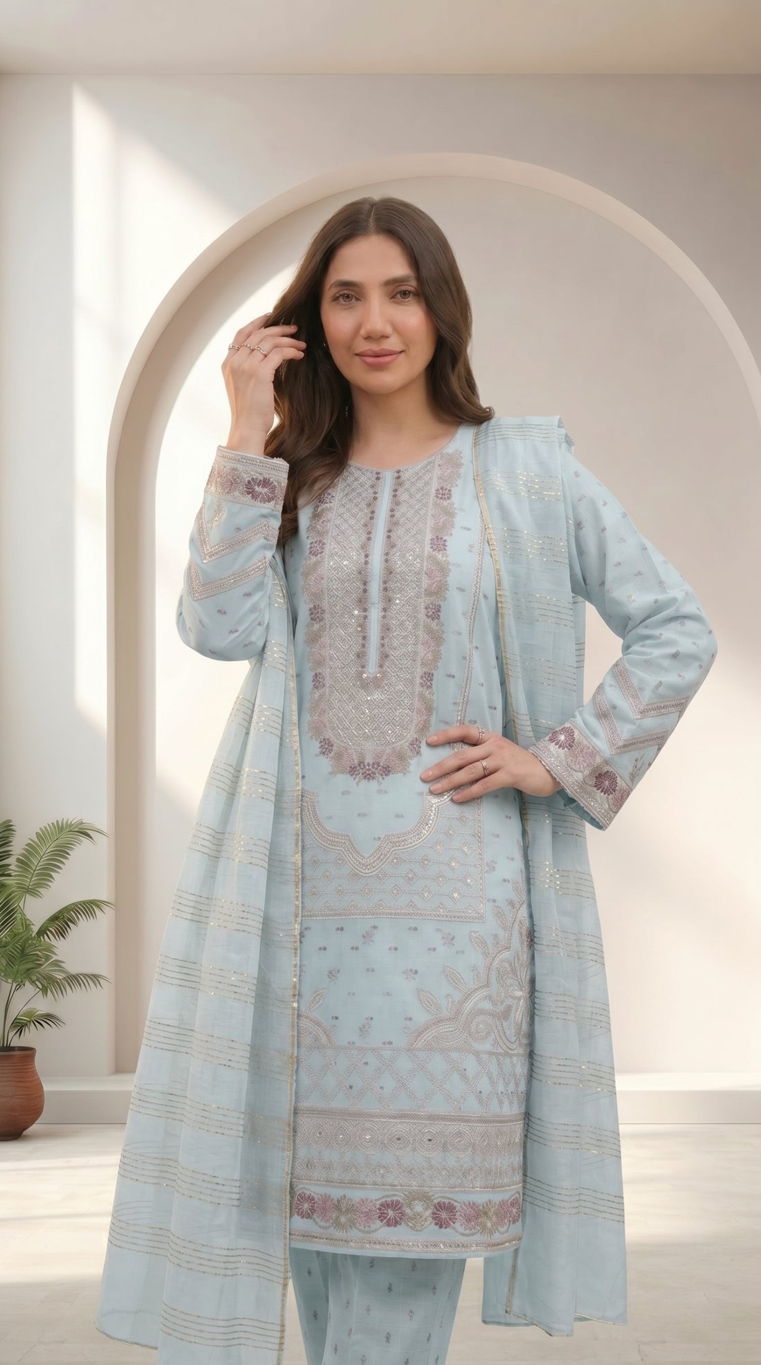 Sky Blue Embroidered 3 Piece Suit for Women – Summer Catton Dress with Dupatta