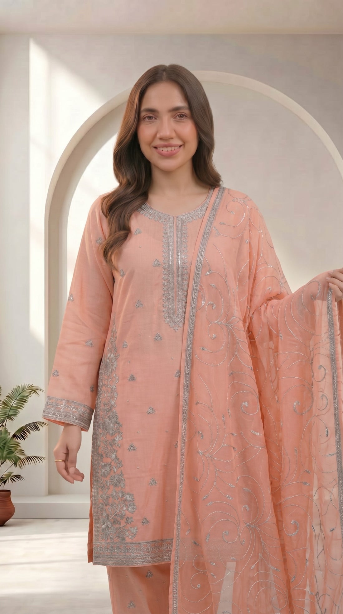 Peach Embroidered 3 Piece Suit