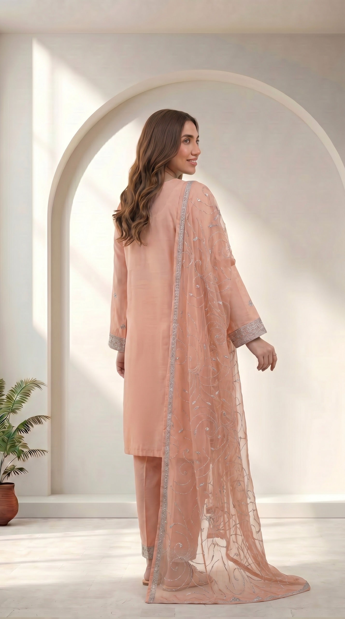 Stitched Peach Embroidered 3 Piece Suit