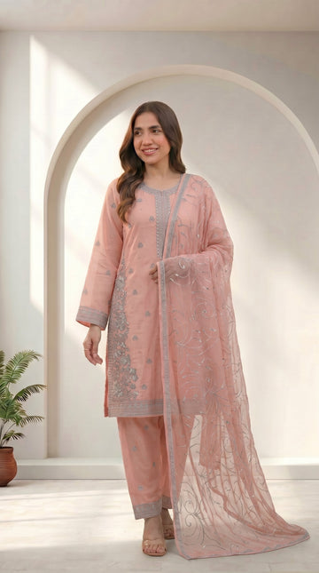 Peach Embroidered 3 Piece Suit