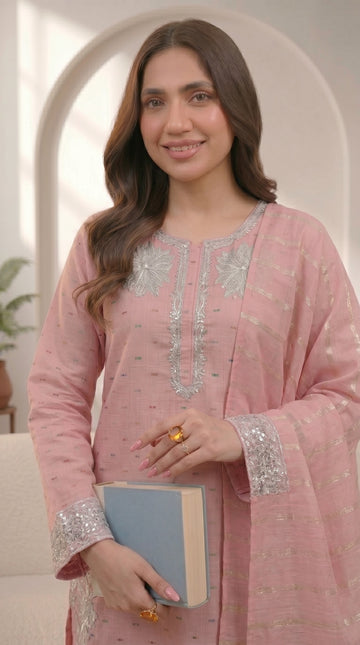 Powder Pink Cotton 3 Piece Suit – Embroidered Formal Wear