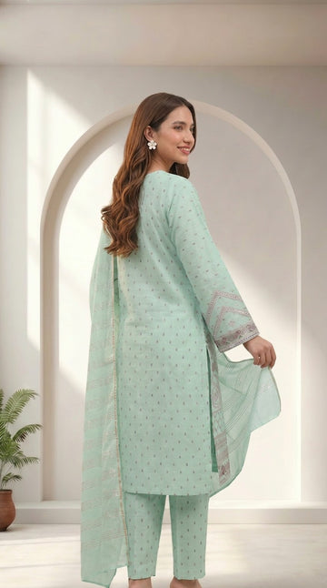 Sky Blue  Cotton Embroidered 3 Piece Suit for Women with Chiffon Dupatta