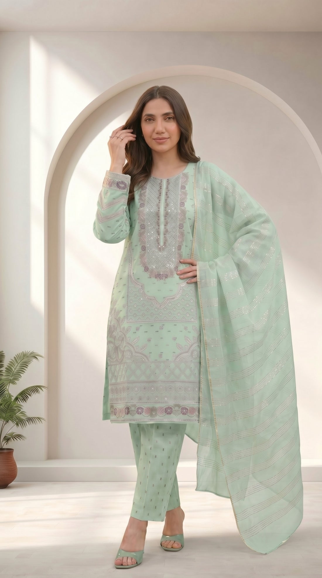 Sky Blue  Cotton Embroidered 3 Piece Suit for Women with Chiffon Dupatta
