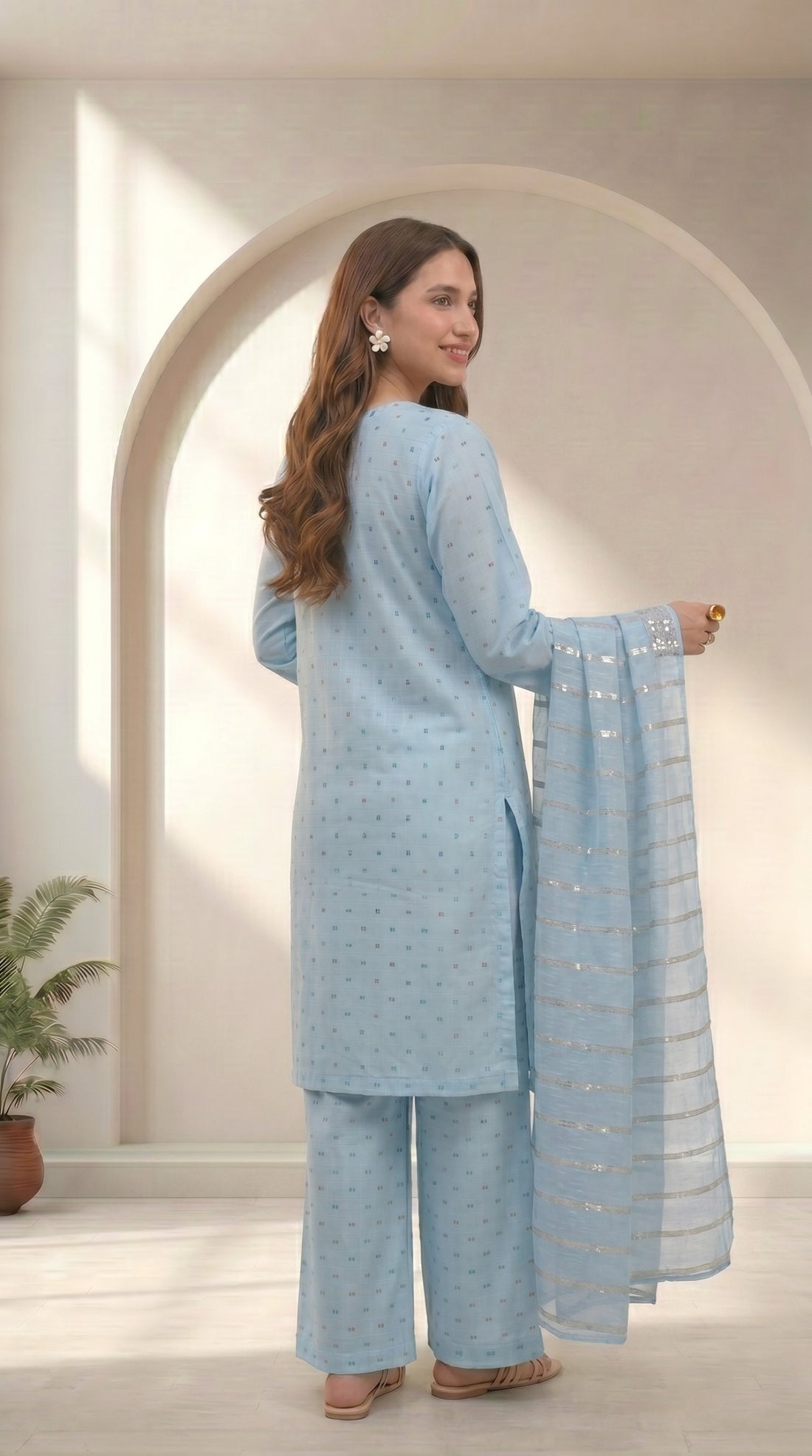 Sky Blue Cotton 3 Piece Suit – Embroidered Formal Wear