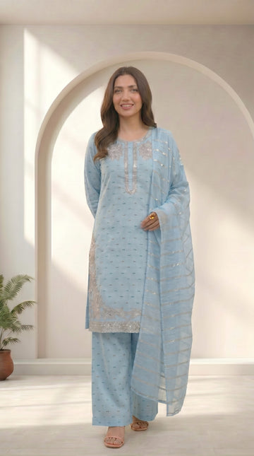 Sky Blue Cotton 3 Piece Suit – Embroidered Formal Wear