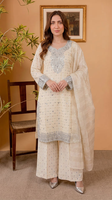 Embroidered Cotton 3-Piece Suit with Chiffon Dupatta — Beige | Women's Wear