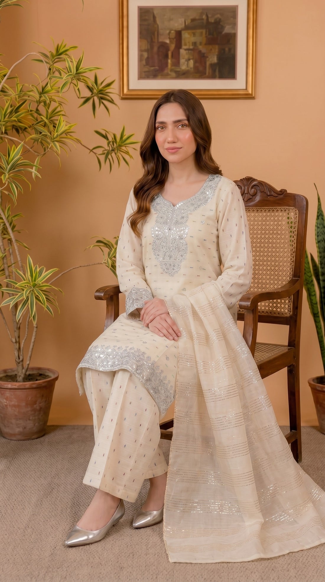 Embroidered Cotton 3-Piece Suit with Chiffon Dupatta — Beige | Women's Wear