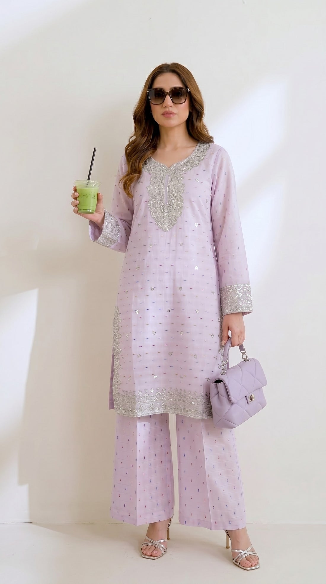 Embroidered Cotton 3-Piece Suit with Chiffon Dupatta — Purple  | Women's Wear