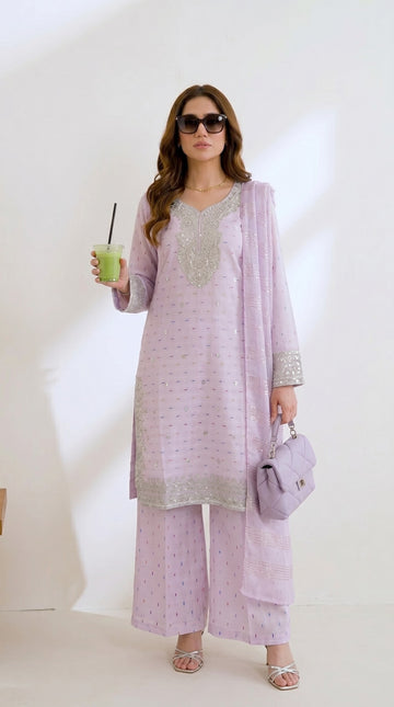 Embroidered Cotton 3-Piece Suit with Chiffon Dupatta — Purple  | Women's Wear