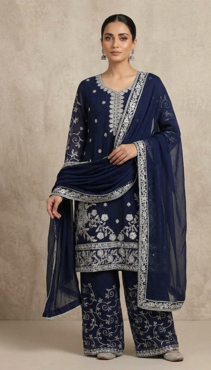 Blue Chiffon Embroidered 3-Piece Suit