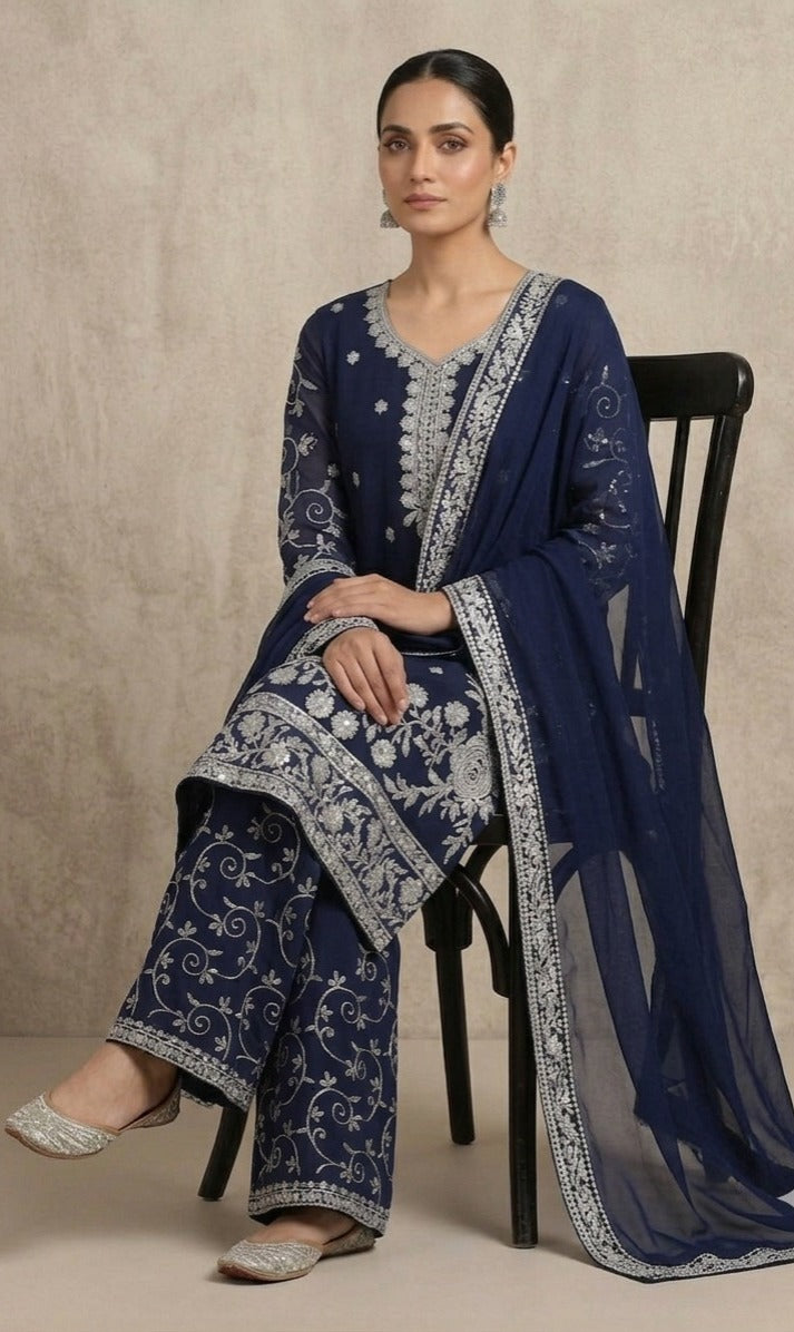 Stitched Blue Chiffon Embroidered 3-Piece Suit