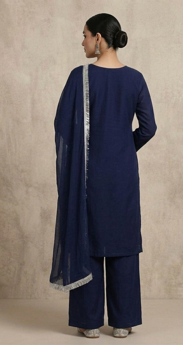 Stitched Blue Chiffon Embroidered 3-Piece Suit