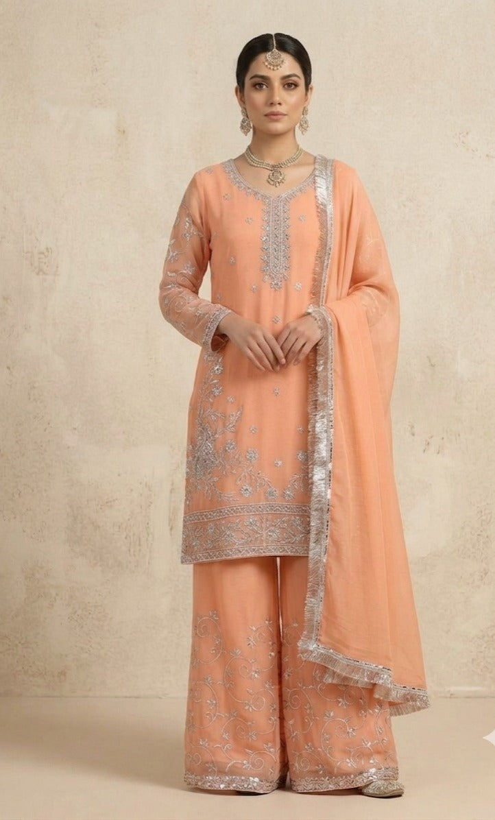 Stitched Peach Chiffon Embroidered 3-Piece Suit