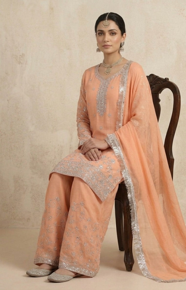 Stitched Peach Chiffon Embroidered 3-Piece Suit