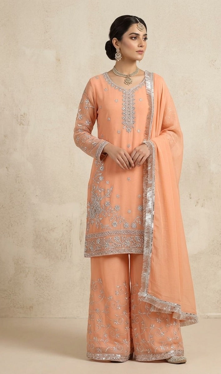 Peach Chiffon Embroidered 3-Piece Suit
