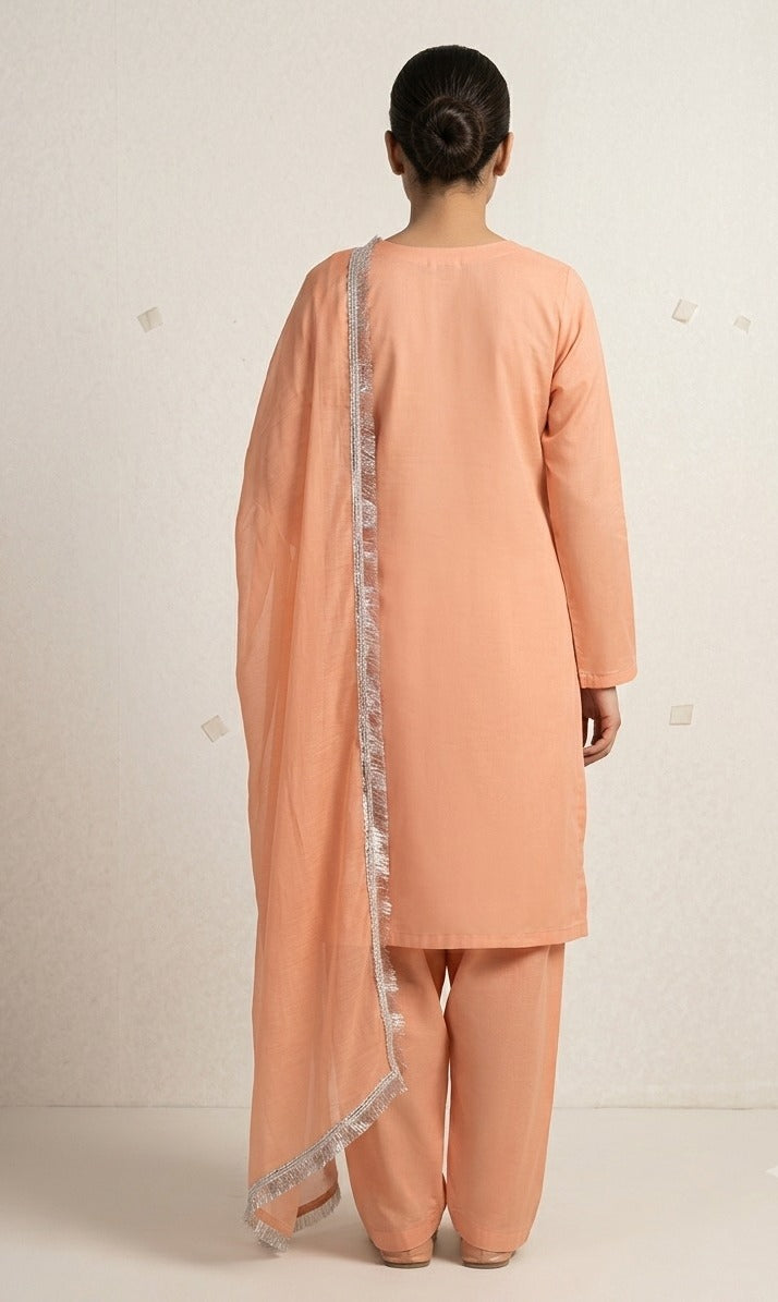 Stitched Peach Chiffon Embroidered 3-Piece Suit
