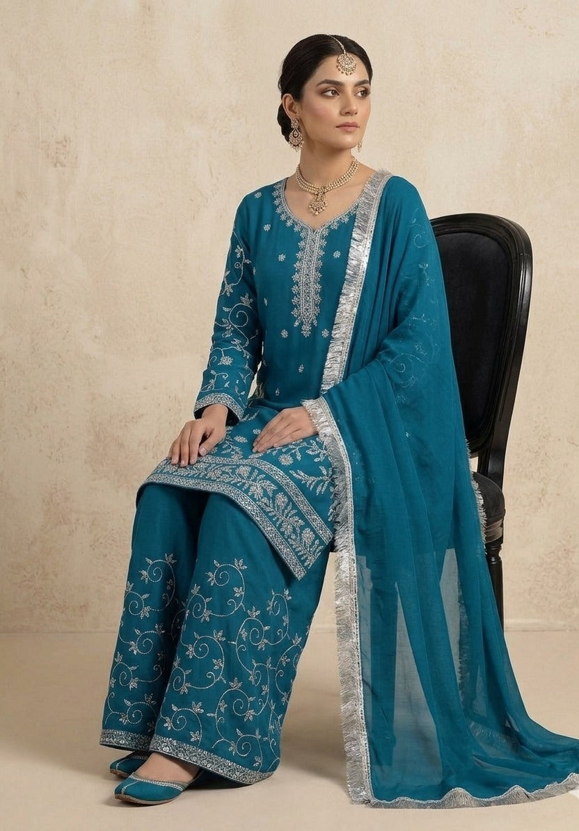 Stitched Teal Blue Chiffon Embroidered 3-Piece Suit