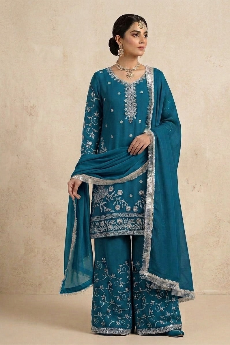 Stitched Teal Blue Chiffon Embroidered 3-Piece Suit