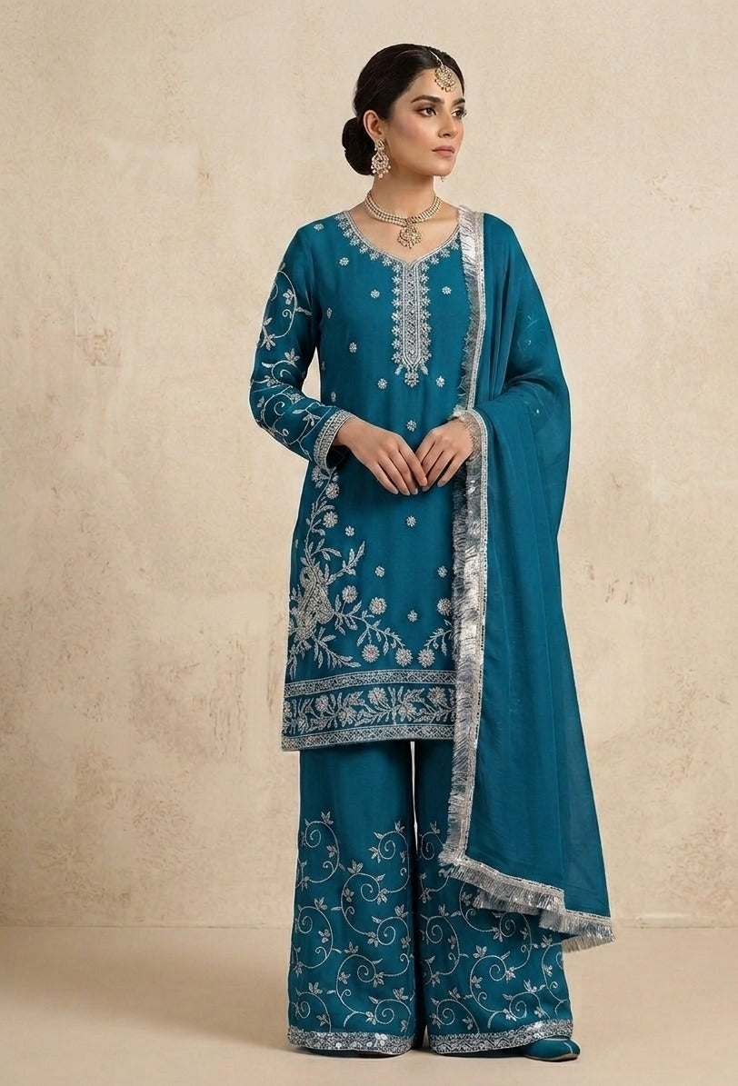 Teal Blue Chiffon Embroidered 3-Piece Suit