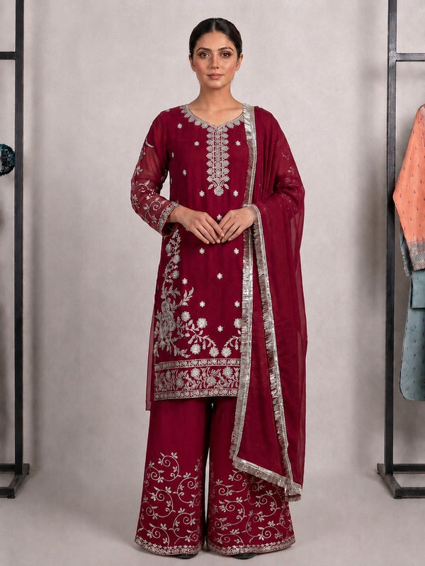 Maroon Chiffon Embroidered 3-Piece Suit