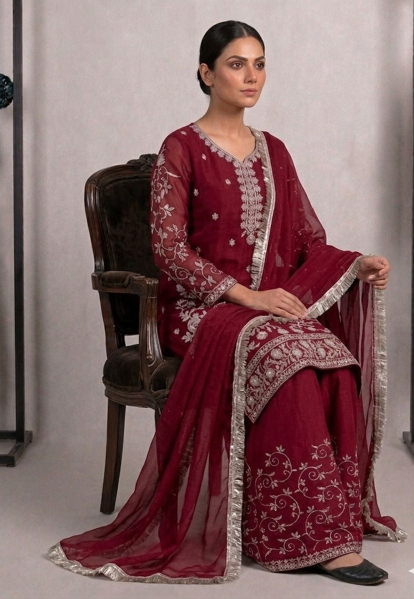 Maroon Chiffon Embroidered 3-Piece Suit