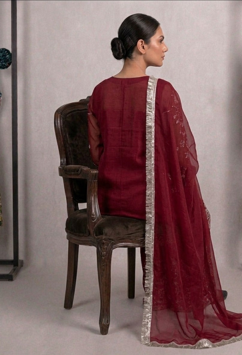 Stitched Maroon Chiffon Embroidered 3-Piece Suit