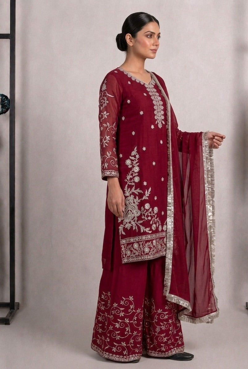 Stitched Maroon Chiffon Embroidered 3-Piece Suit