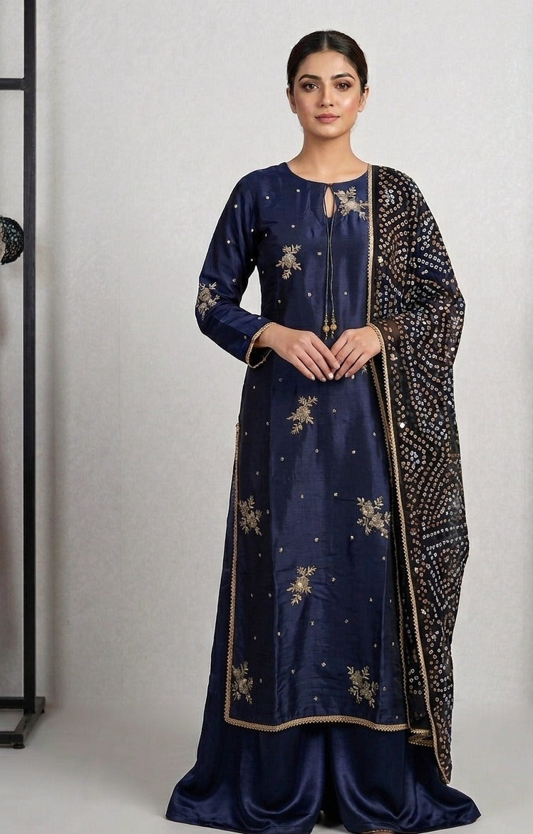 Navy Blue Sheesha Silk Embroidered 3-Piece Suit