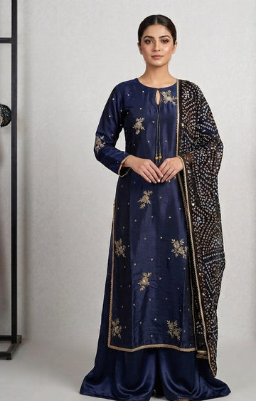 Navy Blue Sheesha Silk Embroidered 3-Piece Suit
