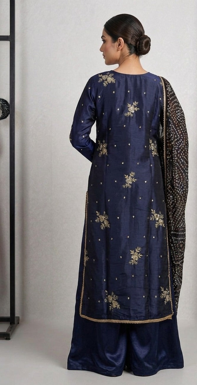 Stitched Navy Blue Sheesha Silk Embroidered 3-Piece Suit