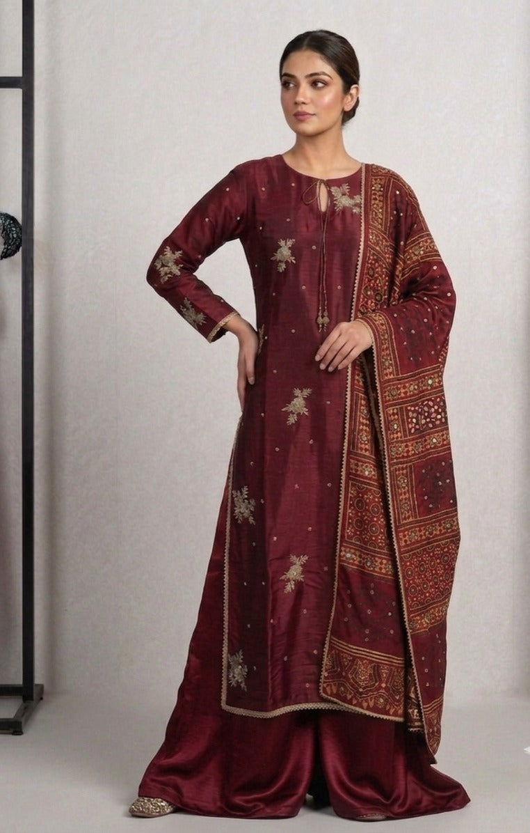 Maroon Sheesha Silk Embroidered 3-Piece Suit