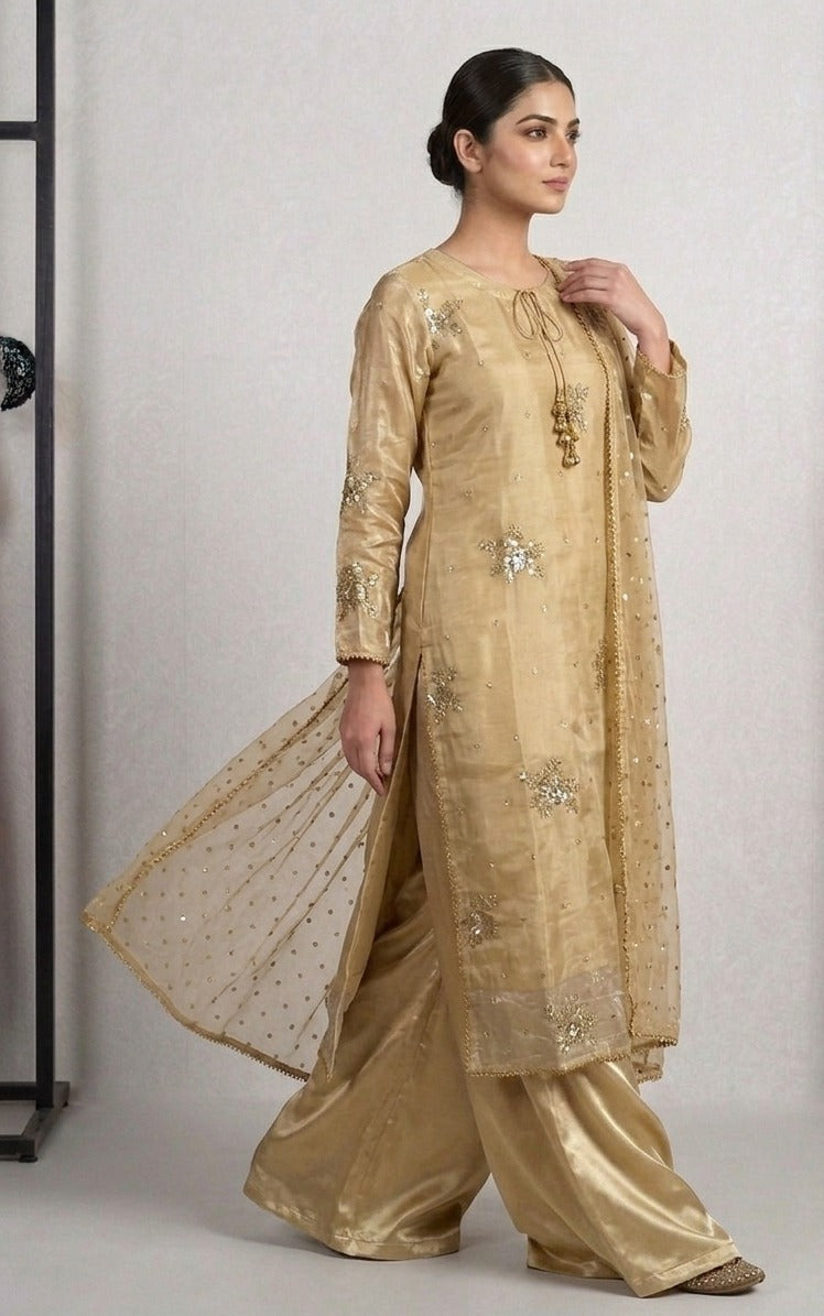 Gold Beige Sheesha Silk Embroidered 3-Piece Suit