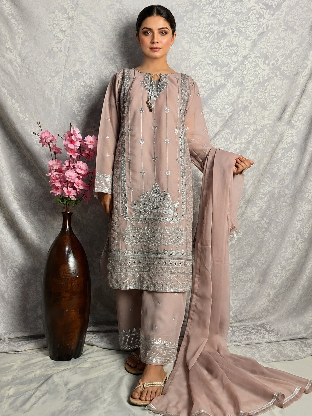 Stitched Elegant Chiffon 3 Piece Suit
