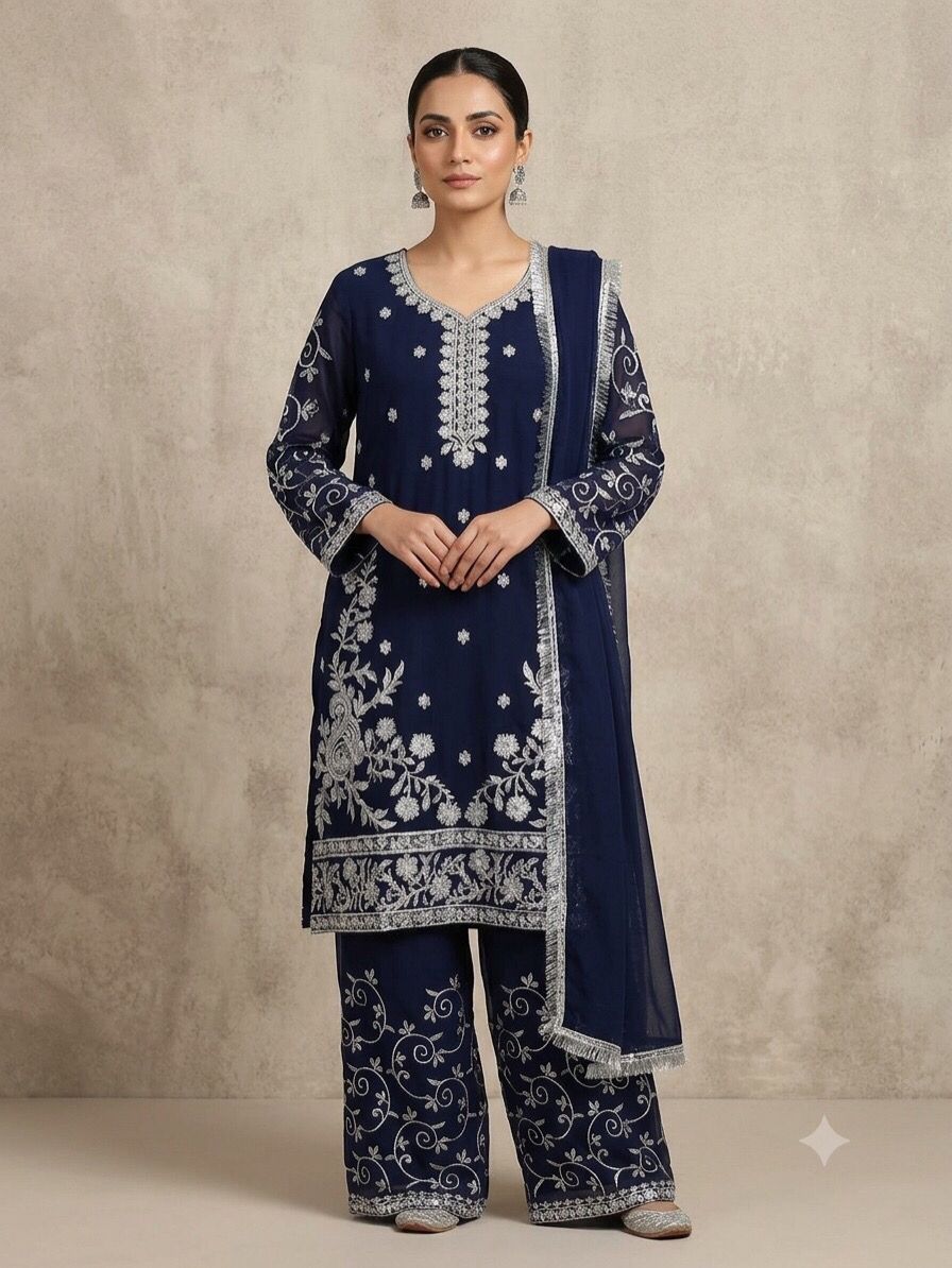 Stitched Blue Chiffon Embroidered 3-Piece Suit