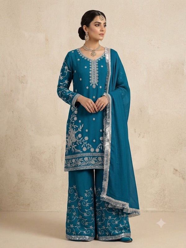 Teal Blue Chiffon Embroidered 3-Piece Suit