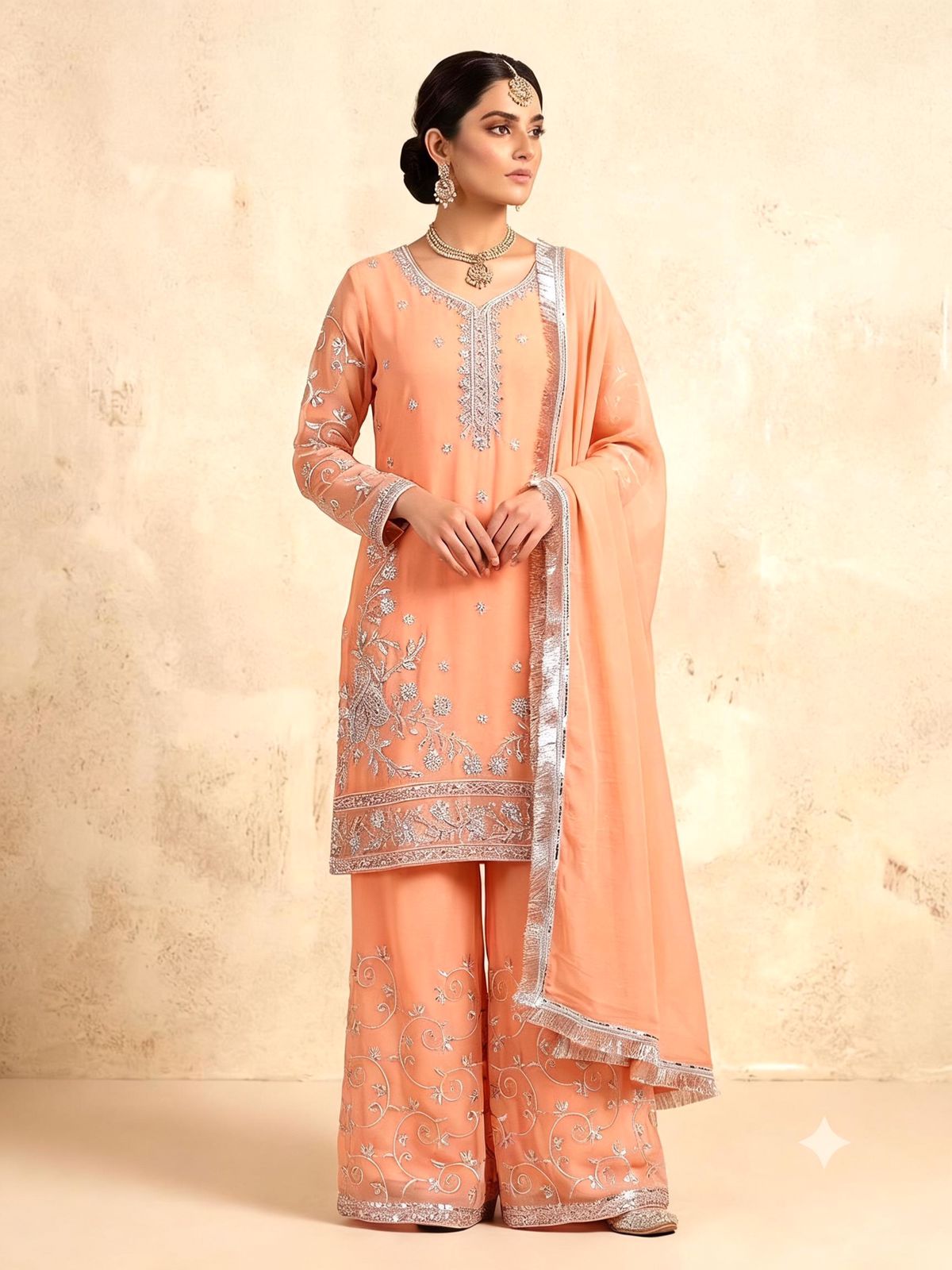 Stitched Peach Chiffon Embroidered 3-Piece Suit