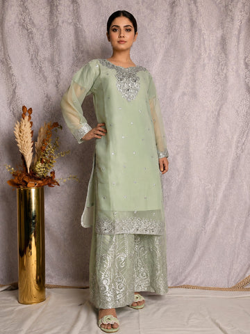 Olive Green Embroidered 3 Piece Suit