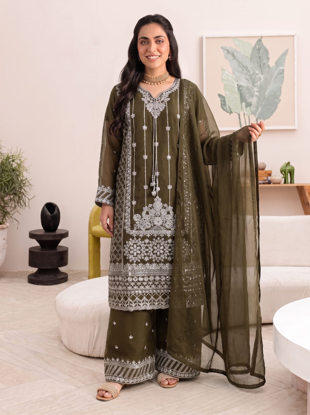 Stitched Elegant Chiffon 3 Piece Suit
