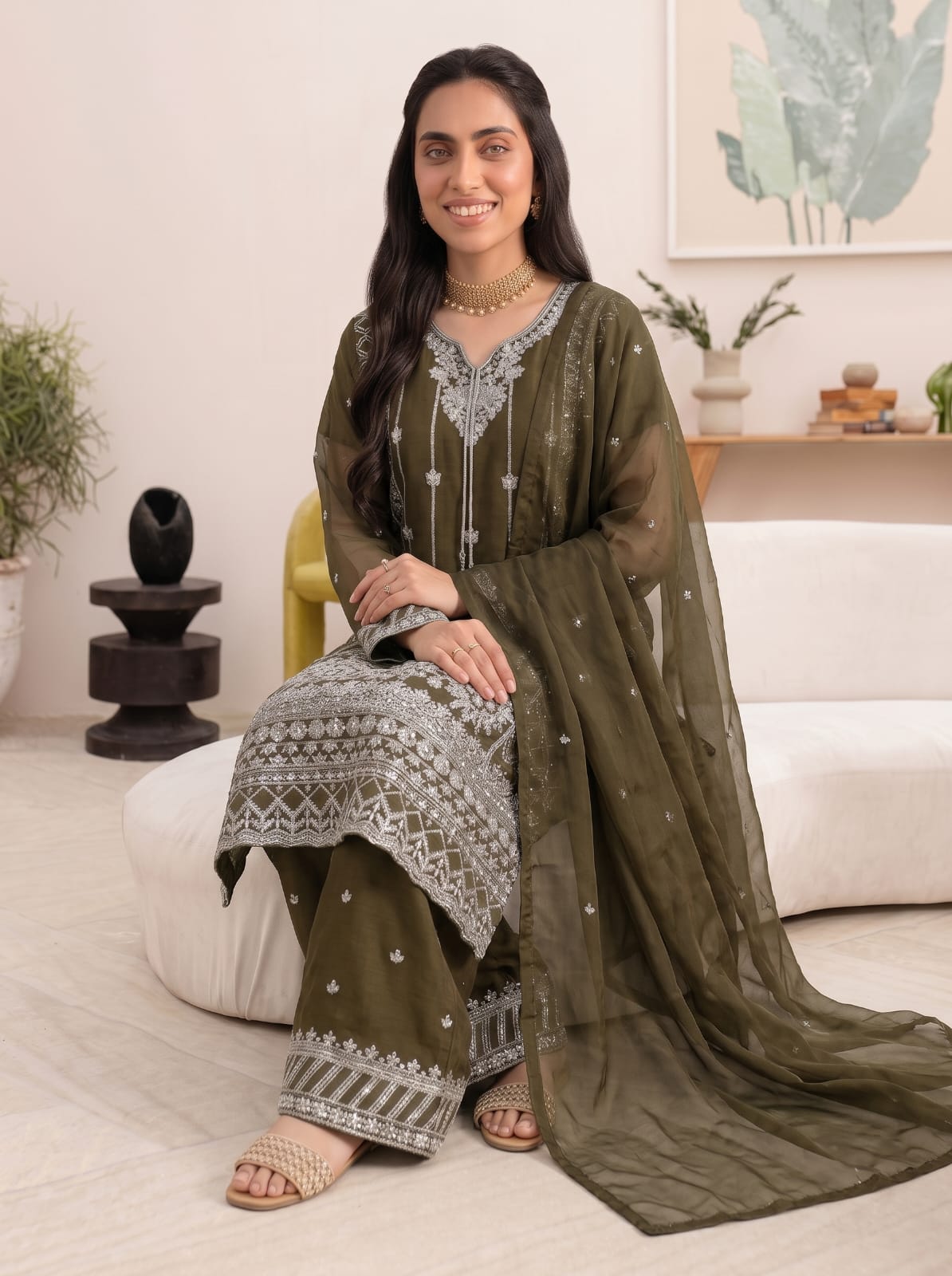 Stitched Elegant Chiffon 3 Piece Suit