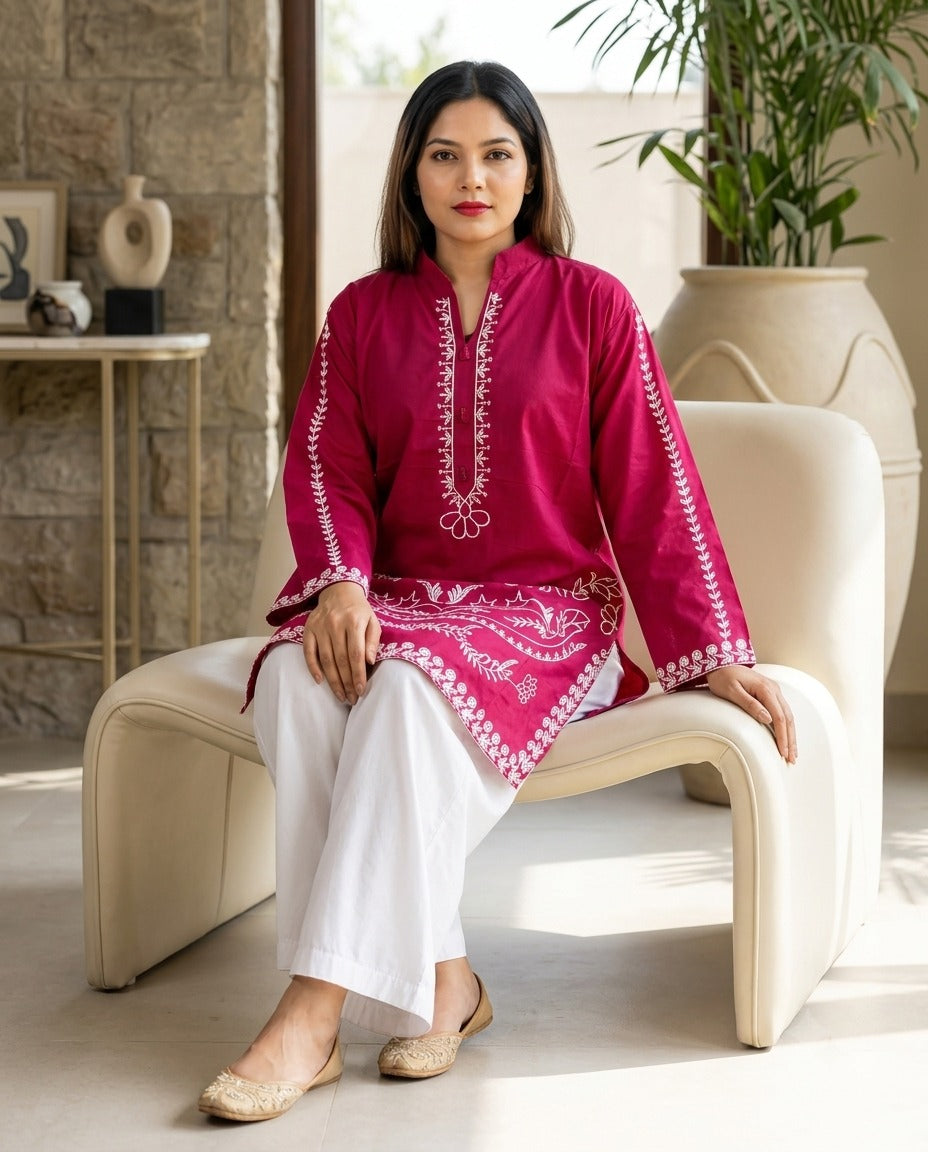 Stitched Embroidered Cotton Kurta with White Trouser