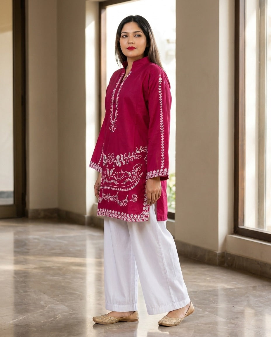 Stitched Embroidered Cotton Kurta with White Trouser