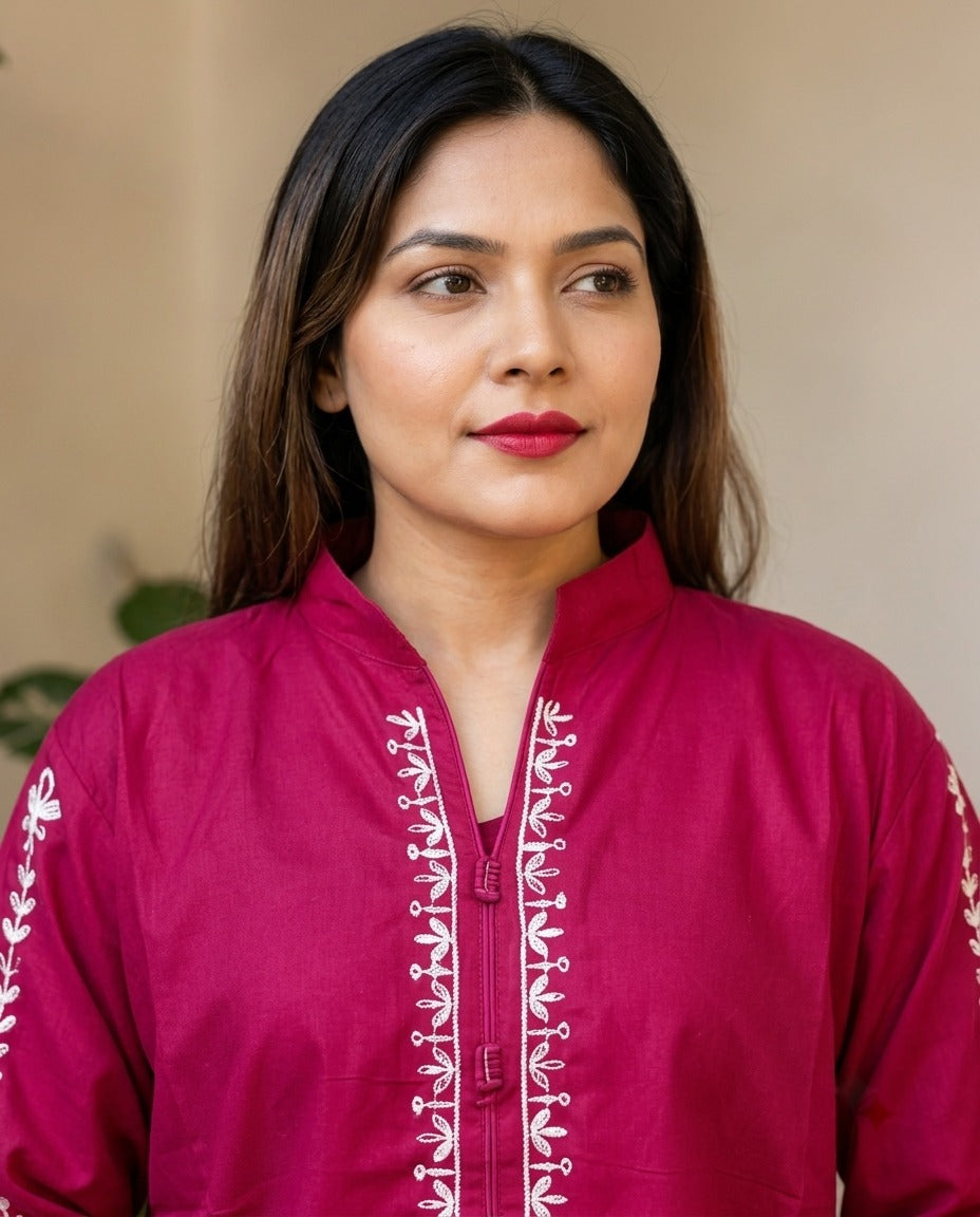 Stitched Embroidered Cotton Kurta with White Trouser