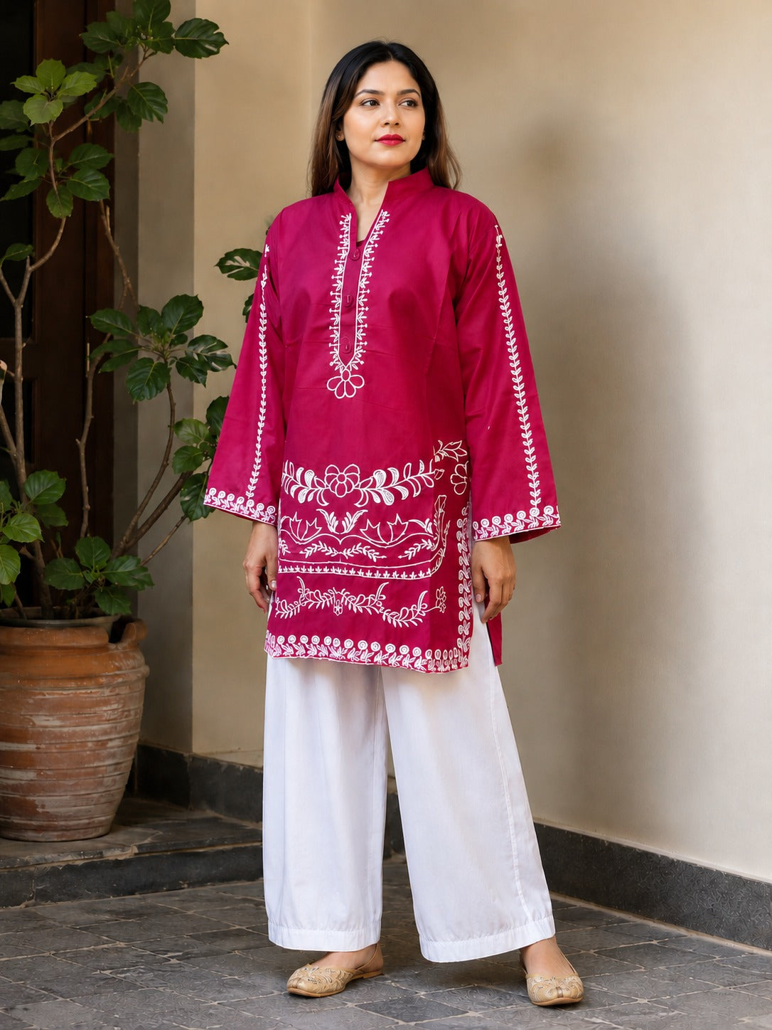 Stitched Embroidered Cotton Kurta with White Trouser