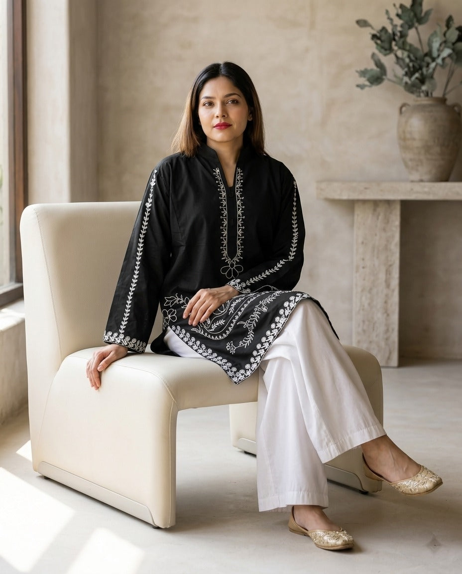 2-Piece Stitched Embroidered Cotton Kurta with White Flapper