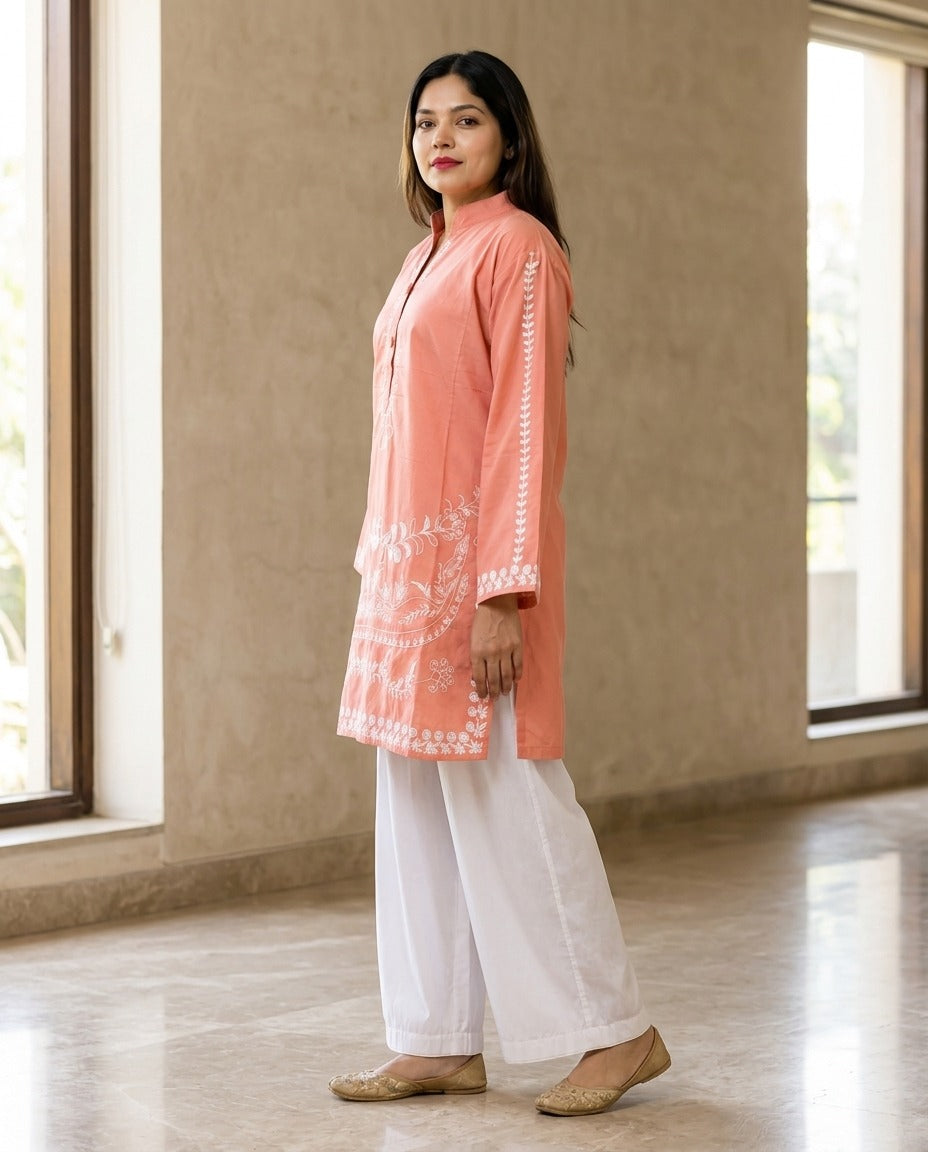 Stitched Embroidered Cotton Kurta with White Trouser