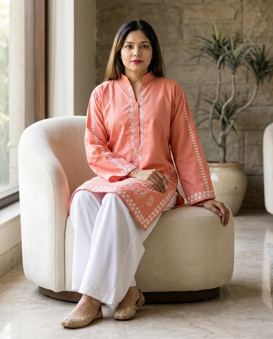 Stitched Embroidered Cotton Kurta with White Trouser