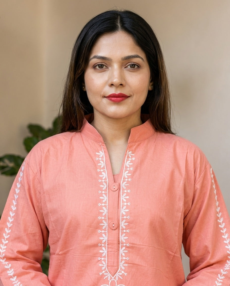 Stitched Embroidered Cotton Kurta with White Trouser